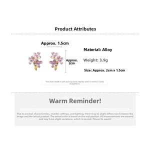 Detail view of purple flower stud earrings with alloy petals and 2cm by 1.5cm dimensions