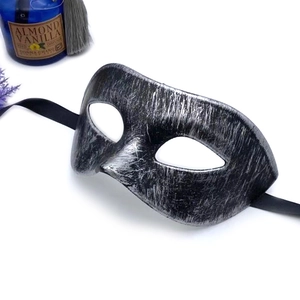 Silver and black brushed texture masquerade half mask with vintage retro finish and ribbons