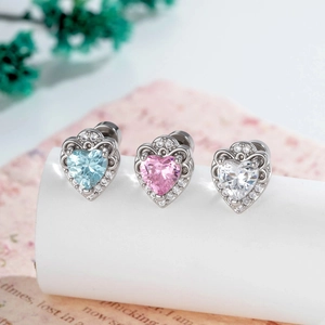 Heart Shaped Cartilage Stud Earring Copper Cubic Zirconia Micro Inlaid Vintage Design Screw Back Piercing Jewelry