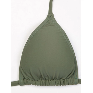 Detail of army green bikini top with ribbed texture and adjustable drawstring closure