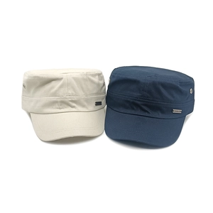 Detail of cotton flat top military hats with metal eyelets and side logo plates