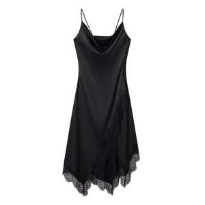 Robe Longue Nuisette En Satin Noir Avec Bordure En Dentelle Sans Manches Col En V Élégante Soirée Coupe Ajustée Femmes