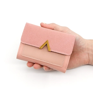 Pink minimalist short tri-fold wallet for women with golden V-shaped metal fastener