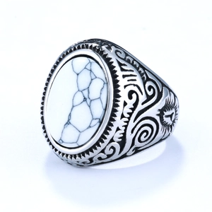 Vintage silver square ring with white marble stone and intricate floral engravings