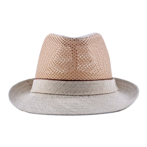 Detail of breathable mesh splicing and beige straw brim on a summer fedora hat