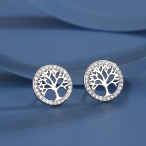 S925 sterling silver tree of life stud earrings with white zircon accents in round shape
