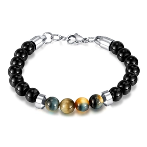 Men's stainless steel beaded bracelet with natural tiger eye stones on white background