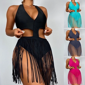 Maillot De Bain Une Pièce Femme Dos Nu Col V Évidé Franges Tassel Monokini Sexy Plage Couleur Unie Nylon