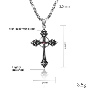 Detailed view of stainless steel cross necklace with a center red gemstone and dimensions