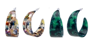 Detail of colorful acetate C-shape earrings with tortoiseshell and dark green textures