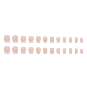 Short ballet white French press-on nails with glitter accents and rhinestones on nude base