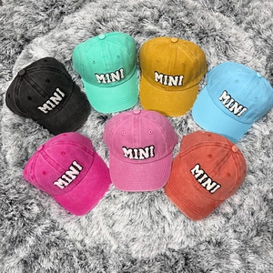 Multiple colors of washed cotton baseball caps with MINI embroidery on a grey carpet