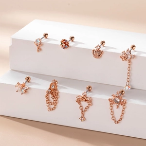 Set of 8 rose gold stainless steel ear studs with crown star and chain fringe