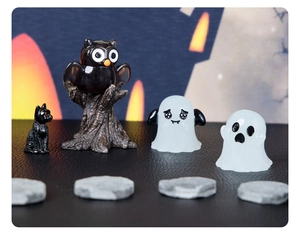 Miniature resin Halloween figurines set featuring glowing owl, ghosts, and a black cat