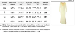 Detailed sizing chart with measurements for ruffled slim fit long sleeve bodycon dress