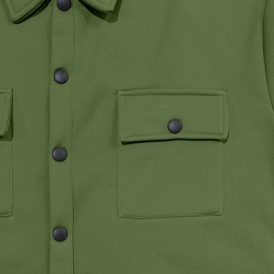 Detailed close-up of military green men's jacket showing textured fabric and chest pocket