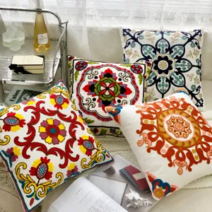 Ethnic style floral embroidered throw pillow cover decorative cushion for sofa