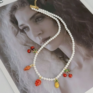 Handmade Artificial Pearl Necklace For Women Cute Fruit Pendants Pineapple Strawberry Cherry Carrot Colorful Charm Jewelry