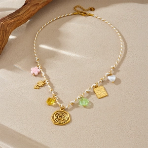 Fashion braided rope necklace with colorful flower, heart, and gold-plated pendants
