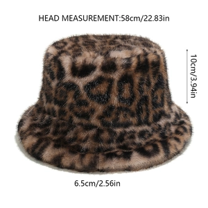 Detailed size chart of faux fur leopard bucket hat showing 58cm circumference and 10cm height