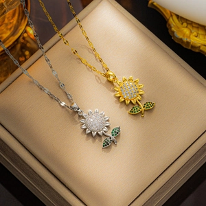 Elegant gold and silver sunflower pendant necklace with zircon crystals for women