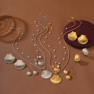 Ocean Shell Starfish Necklace Earrings Ring Stainless Steel Imitation Artificial Pearl Jewelry Women Bohemian Fashion Elegant