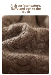 Macro detail of brown cashmere knit texture with soft fluffy surface and cable pattern