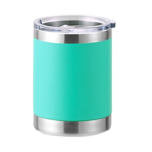 Detailed view of 12oz stainless steel tumbler with turquoise coating and clear lid