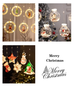 Detailed views of warm LED Christmas hanging lights featuring Santa, reindeer and tree shapes