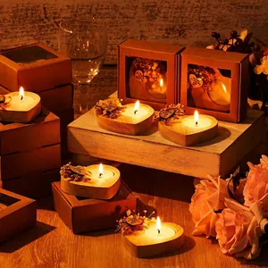 Wooden heart-shaped candle holder gift set with dry flower and thank you tag for weddings