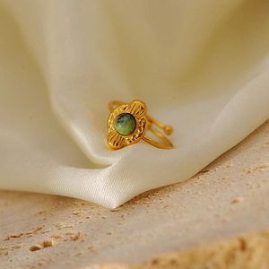 French vintage stainless steel open ring with round green natural stone and sunburst carving