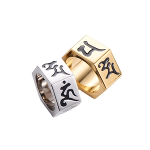 Vintage stainless steel hexagon rings for men with engraved Sanskrit mantra symbols