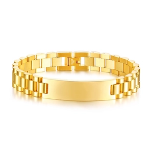 Polished gold stainless steel link bracelet for men with rectangular engravable plate