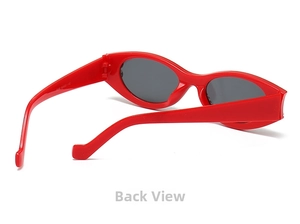 Detail view of red cat-eye sunglasses with inner temple model number 5105 52-20-145