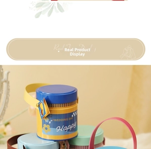 Detail of round tin wedding gift boxes with handles and Happy Wedding Day lettering