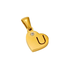 Macro shot of gold heart pendant with hollow U letter and small crystal stone detail