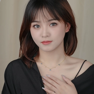 Elegant gold S925 silver necklace with blue zircon square pendant on model