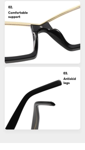 Detail of cat eye glasses showing comfortable nose pads and anti-slip golden metal hinges