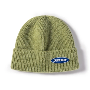 Winter grass green ribbed knit beanie with Orderliness patch for men and women