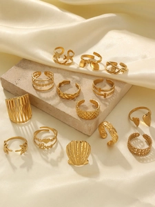 Detailed view of 13-piece gold stainless steel ring set with retro geometric patterns