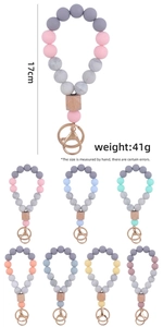 Silicone and wood beaded keychain wristlet with detailed weight and size specifications