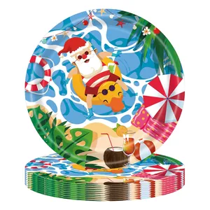 Stacked disposable paper plates featuring Santa Claus on a beach summer theme design