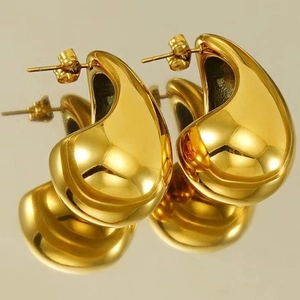 Polished gold teardrop titanium steel earrings with high-gloss reflective finish