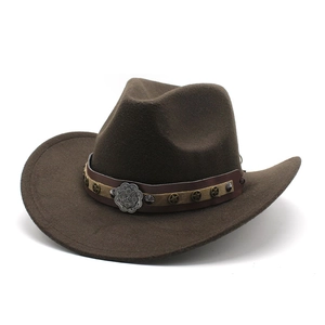 Classic dark brown wool felt western cowboy hat with engraved metal buckle and star studs
