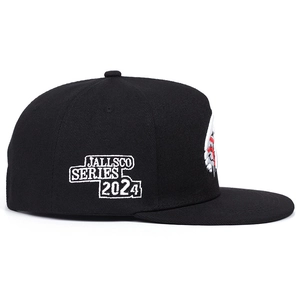 Black flat brim baseball cap with 2024 JALLSCO SERIES embroidery and cartoon character