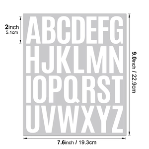 Detailed size guide of 2-inch white capital letter stickers for industrial labeling