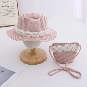 Pink straw hat and matching bag set for girls with white chiffon floral lace decorations