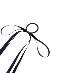 Elegant navy blue ribbon bow hair tie with black elastic band on white background