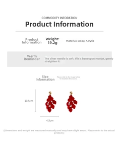 Detail card showing red acrylic petal earrings with 10.5cm length and 19.2g weight