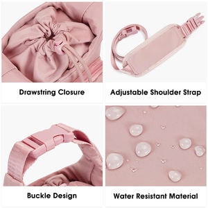 Pink insulated water bottle bag featuring drawstring closure and adjustable shoulder strap